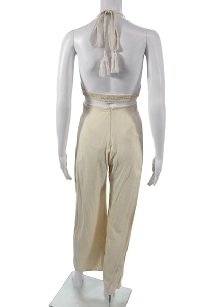 Indah Womens Beige Sleeveless V Neck Jumpsuit Rayon Linen Blend Size XS