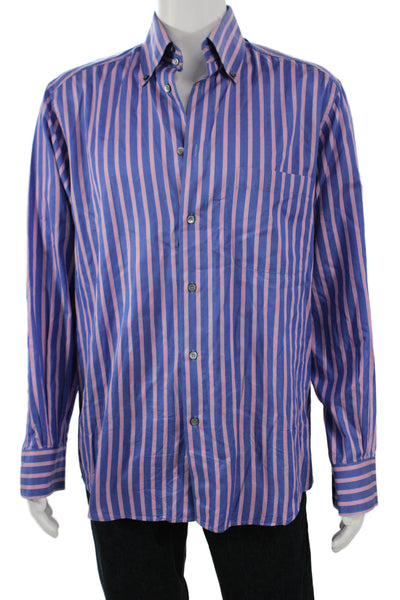 Ermenegildo Zegna Mens Button-Down Striped Dress Shirt Long Sleeve Blue Size L