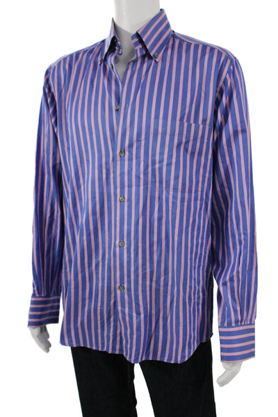 Ermenegildo Zegna Mens Button-Down Striped Dress Shirt Long Sleeve Blue Size L