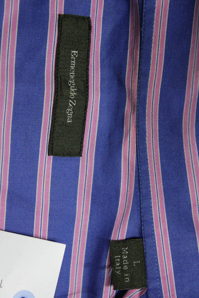 Ermenegildo Zegna Mens Button-Down Striped Dress Shirt Long Sleeve Blue Size L