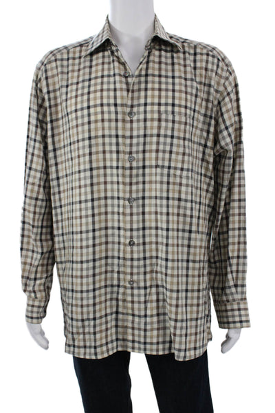 Ermenegildo Zegna Mens Point Collar Button-Up Check Long Sleeve Shirt Size L