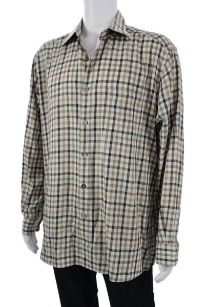 Ermenegildo Zegna Mens Point Collar Button-Up Check Long Sleeve Shirt Size L