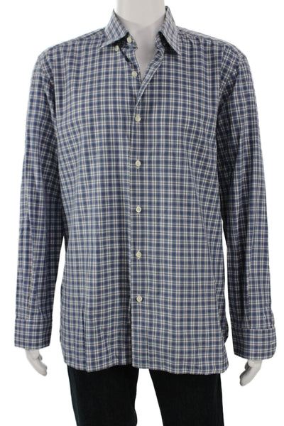 Ermenegildo Zegna Mens Button-Down Plaid Cotton Long Sleeve Shirt Size XL