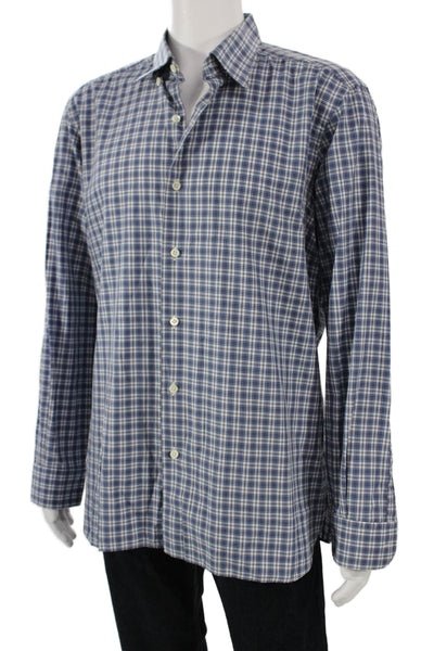 Ermenegildo Zegna Mens Button-Down Plaid Cotton Long Sleeve Shirt Size XL