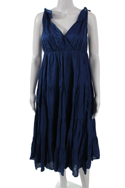 Merlette Women Maxi Sundress Dark Blue V Neck Cotton Mid Calf Tie Waist Size S