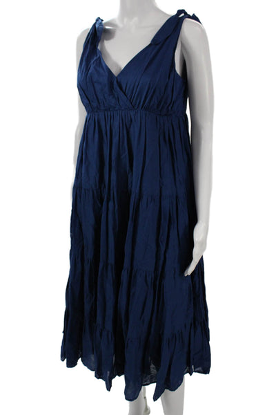 Merlette Women Maxi Sundress Dark Blue V Neck Cotton Mid Calf Tie Waist Size S