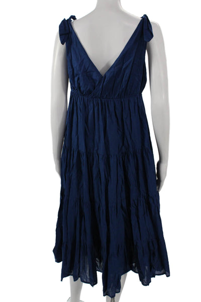 Merlette Women Maxi Sundress Dark Blue V Neck Cotton Mid Calf Tie Waist Size S