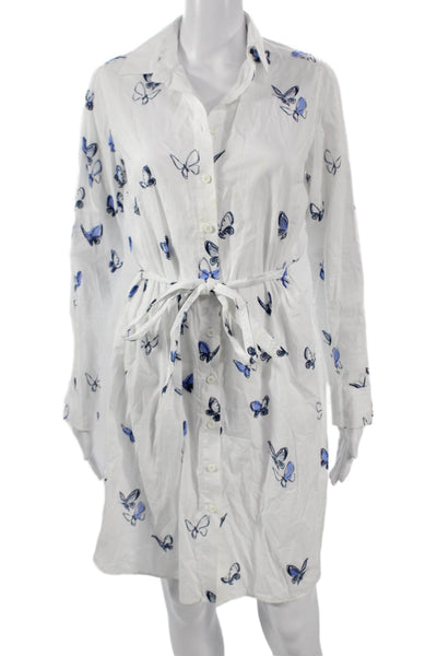 Danielle Fichera Women Shirt Dress White Cotton Long Sleeve Butterfly Size M