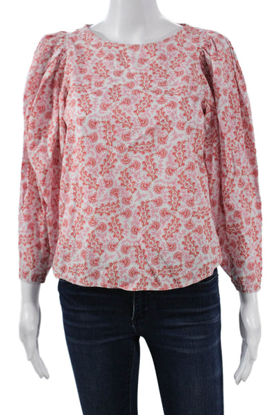 La Vie Women Bohemian Floral Pink Cotton Blouse Long Sleeve Round Neck Size XS