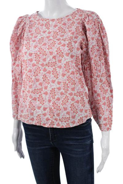 La Vie Women Bohemian Floral Pink Cotton Blouse Long Sleeve Round Neck Size XS