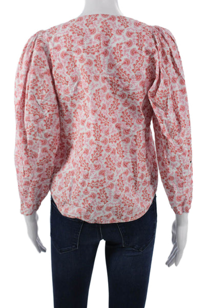 La Vie Women Bohemian Floral Pink Cotton Blouse Long Sleeve Round Neck Size XS
