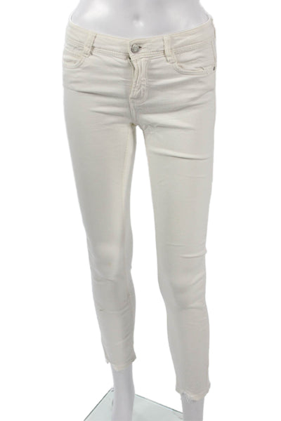 Zara Trafaluc Womens Ankle Skinny Jeans White Low Rise Button Cotton Size 4