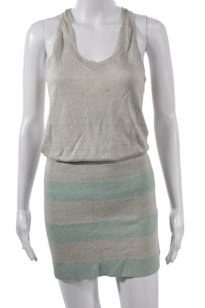 Theory Women Mini Set Beige Striped Linen Silk Scoop Neck Sleeveless Size S
