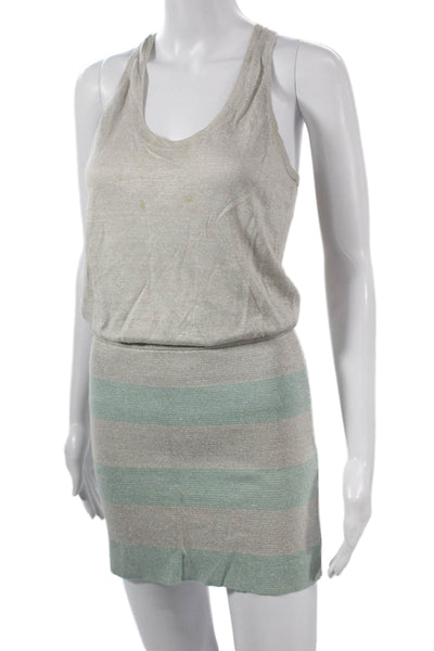 Theory Women Mini Set Beige Striped Linen Silk Scoop Neck Sleeveless Size S