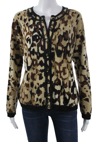 Escada Womens Beige Leopard Cashmere Wool Cardigan Button Long Sleeve Size 40