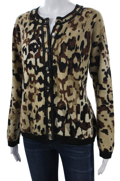 Escada Womens Beige Leopard Cashmere Wool Cardigan Button Long Sleeve Size 40