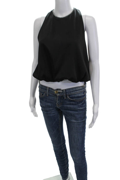 Zara Women High Neck Cropped Tank Black Viscose Elastane Size M