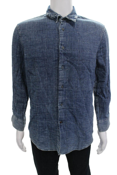 John Varvatos Star USA Mens Cotton Checked Collar Button-Down Dark Blue Size M