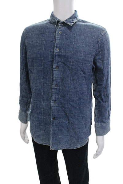 John Varvatos Star USA Mens Cotton Checked Collar Button-Down Dark Blue Size M