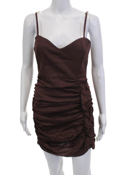 Zara Women Bodycon Mini Dress Brown Linen V Neck Sleeveless Zip Size M