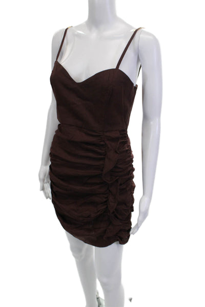 Zara Women Bodycon Mini Dress Brown Linen V Neck Sleeveless Zip Size M