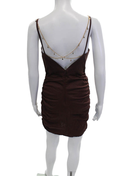 Zara Women Bodycon Mini Dress Brown Linen V Neck Sleeveless Zip Size M