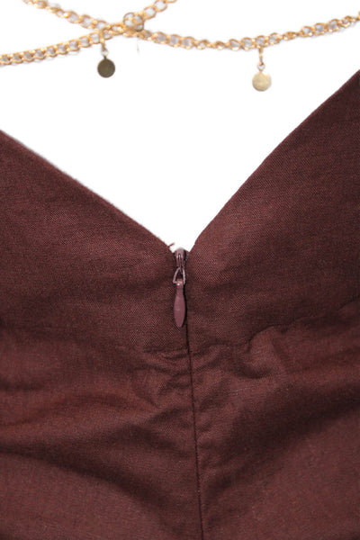 Zara Women Bodycon Mini Dress Brown Linen V Neck Sleeveless Zip Size M
