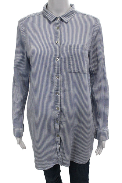 Beach Lunch Lounge Women Tunic Button-Up Light Blue Long Sleeve Cotton Size M