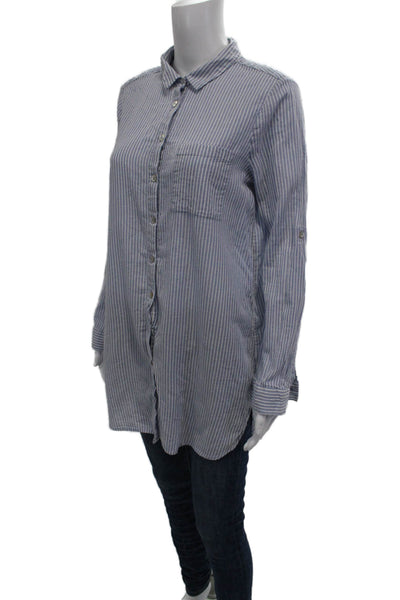 Beach Lunch Lounge Women Tunic Button-Up Light Blue Long Sleeve Cotton Size M