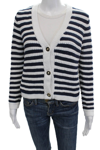 J Crew Women Dark Blue Striped V Neck Cardigan Long Sleeve Nautical Size S