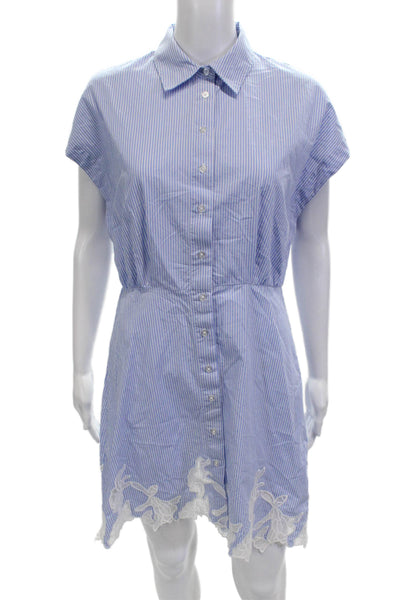 MNG Womens Mini Shirt Dress Light Blue Striped Short Sleeve Cotton Size 6