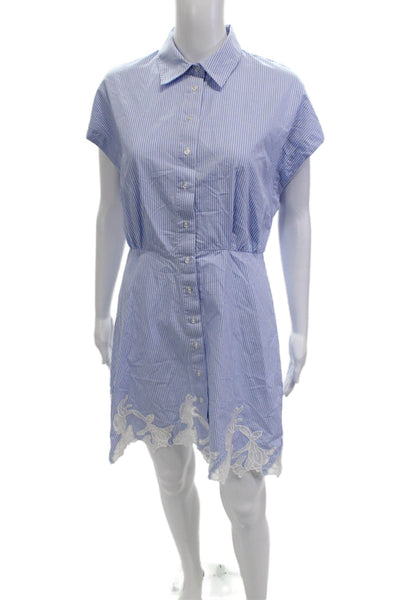 MNG Womens Mini Shirt Dress Light Blue Striped Short Sleeve Cotton Size 6