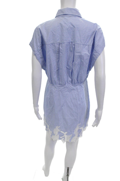 MNG Womens Mini Shirt Dress Light Blue Striped Short Sleeve Cotton Size 6