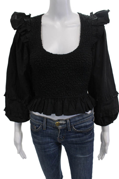 Cleobella Women Cropped Blouse Black 3/4 Sleeve Square Neck Cotton Size XS