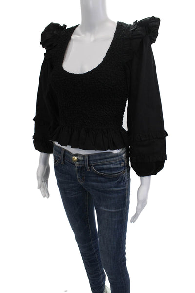 Cleobella Women Cropped Blouse Black 3/4 Sleeve Square Neck Cotton Size XS