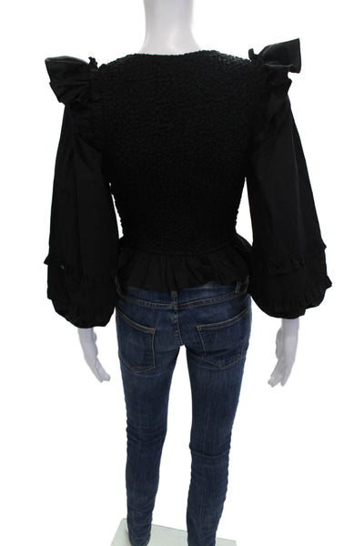 Cleobella Women Cropped Blouse Black 3/4 Sleeve Square Neck Cotton Size XS
