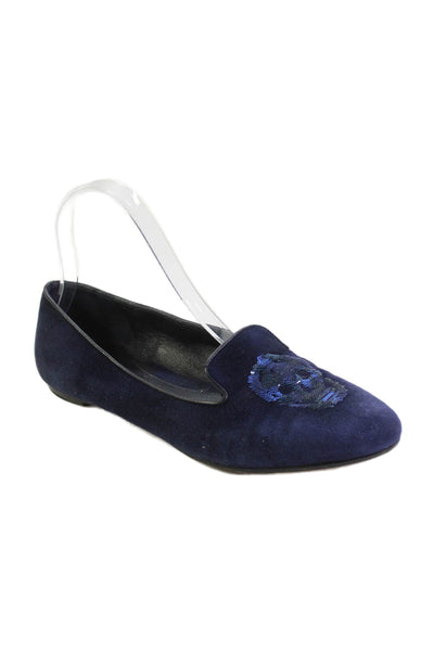 Alexander McQueen Womens Suede Sequined Skull Loafers Navy Blue Size 37 7