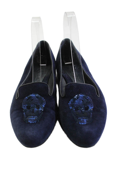 Alexander McQueen Womens Suede Sequined Skull Loafers Navy Blue Size 37 7