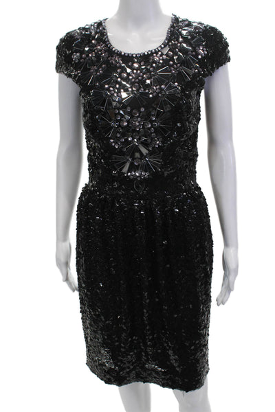 Naeem Khan Women Sheath Dress Black Silk Hook Eye Short Sleeve Size 6