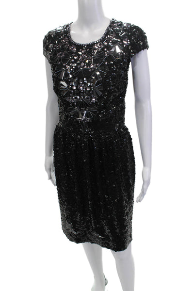 Naeem Khan Women Sheath Dress Black Silk Hook Eye Short Sleeve Size 6