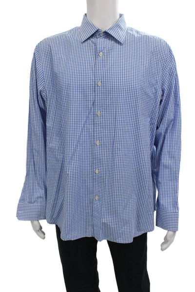Michael Kors Mens Point Collar Button-Up Blue Check Cotton Dress Shirt Size XL