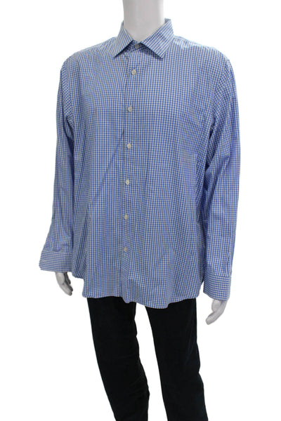 Michael Kors Mens Point Collar Button-Up Blue Check Cotton Dress Shirt Size XL