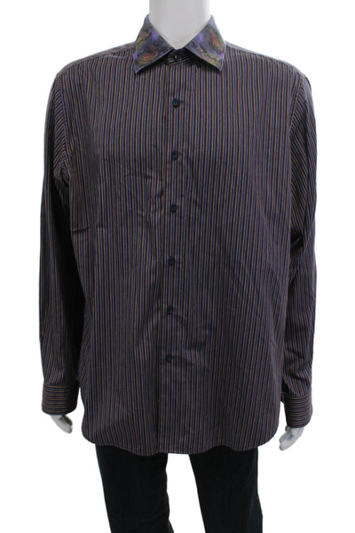 Robert Graham Mens Striped Dark Blue Cotton Button Up Dress Shirt Size XL