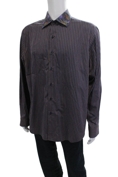 Robert Graham Mens Striped Dark Blue Cotton Button Up Dress Shirt Size XL