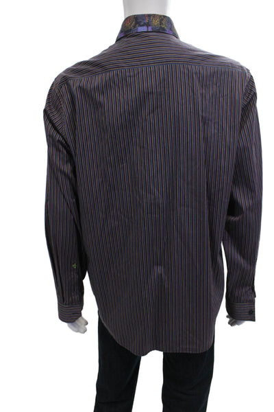Robert Graham Mens Striped Dark Blue Cotton Button Up Dress Shirt Size XL