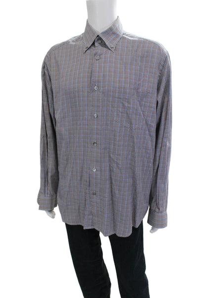 Ermenegildo Zegna Mens Button-Down Blue Check Cotton Shirt Size XL