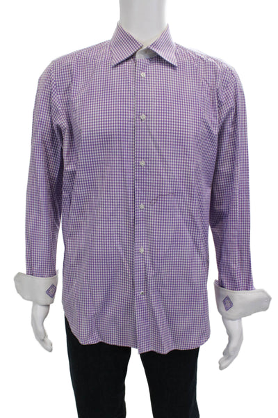 Robert Graham Mens Point Dress Shirt Purple Check Cotton Long Sleeve Size L