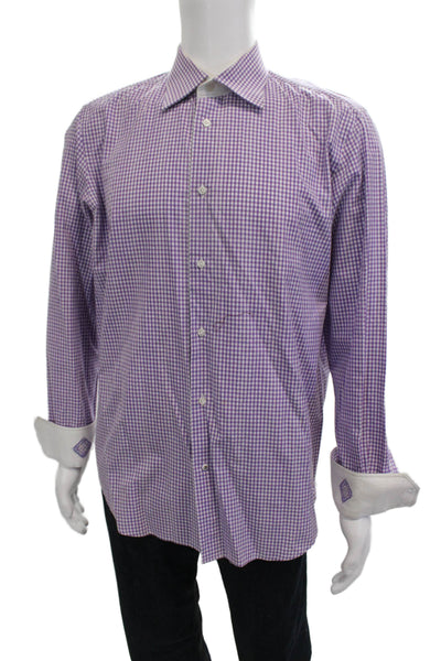Robert Graham Mens Point Dress Shirt Purple Check Cotton Long Sleeve Size L