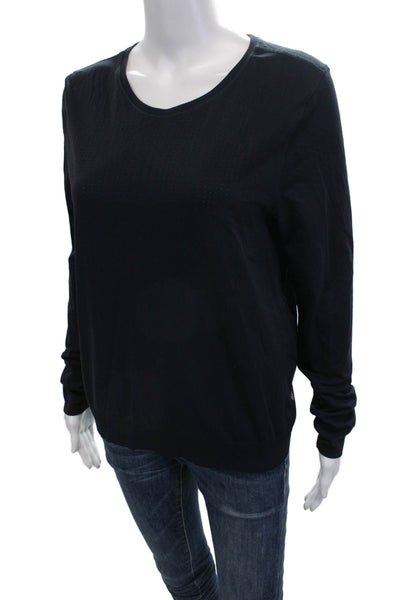 Athleta Women Dark Blue Basic T-Shirt Long Sleeve Round Neck Nylon Size M