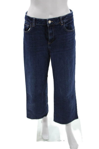 Zara Women Cropped Wide Leg Jeans Dark Blue Mid Rise Cotton Blend Size 6